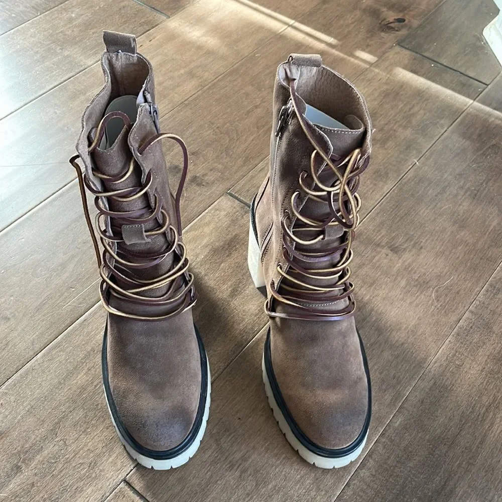 Free People Dylan Lace-Up Boots Platform Heel Brown Suede NWOB EU 40 US 10